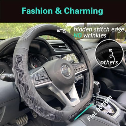 PINCTROT D Shaped 14.5-15 Inch Steering Wheel Cover Great Grip with 3D Honeycomb Anti-Slip Design, Flat Bottom 14.5-15 Inch (All Black) - color: 7.D-shaped,All Black, size: Medium(Standard) Size[14 1/2''-15'']