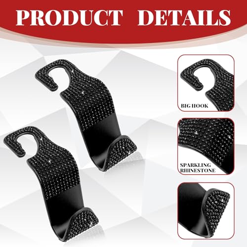 4PCS Car Hooks, Car Seat Headrest Hooks with Sparkling Rhinestone, Universal for Purse, Handbag, Grocery Bags and Coat Vehicle Accessories (Black) - color: Black