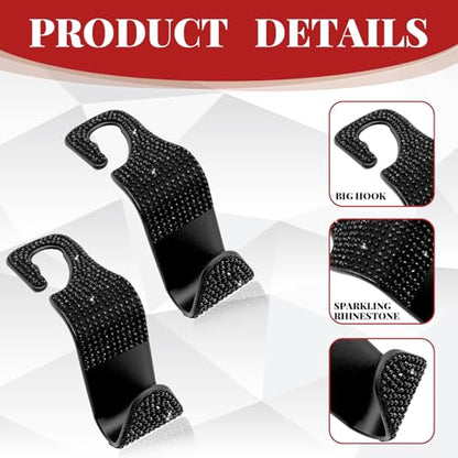 4PCS Car Hooks, Car Seat Headrest Hooks with Sparkling Rhinestone, Universal for Purse, Handbag, Grocery Bags and Coat Vehicle Accessories (Black) - color: Black