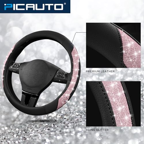 PIC AUTO Steering Wheel Cover, Pink Sparkly Crystal Bling Glitter with Leather, Universal Fit 14.5"-15.5" Car Steering Wheels for Girls & Women, Anti-Slip Wheels Cover for Cars, Trucks, Van, SUVs - color: Pink Glitter