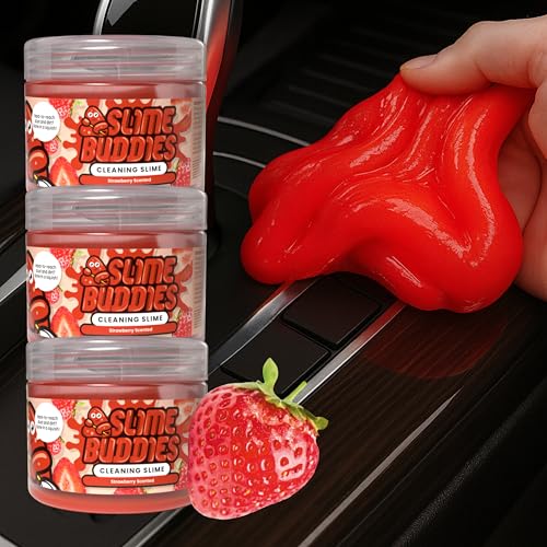 Slime Buddies Car Cleaning Gel Putty - 3 Pack Strawberry Scent Interior Detailing Tool for Cup Holder, Air Vent & Keyboard - Reusable Auto Detailing Accessory - Dust Remover Goop - Gift for Men Women - color: 03 Pack Strawberry