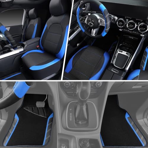 CAR PASS Air Mesh Leather Car Seat Covers Full Set, Waterproof Car Floor Mats, Sporty Steering Wheel Cover 14.5-15in, Universal Fits for 95% Cars Truck SUV (Black and Blue) - color: Blue
