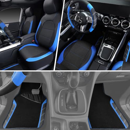 CAR PASS Air Mesh Leather Car Seat Covers Full Set, Waterproof Car Floor Mats, Sporty Steering Wheel Cover 14.5-15in, Universal Fits for 95% Cars Truck SUV (Black and Blue) - color: Blue
