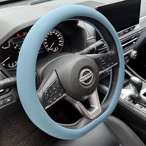 PINCTROT D Shaped Nappa Leather Steering Wheel Cover, Slim Fit No Bulk Design, One Piece Leather with Breathable Perforation, Fit Like Gloves, Flat Bottom 14.5-15 Inch(Nappa Aqua) - color: 10.Aqua, size: D Shaped/Flat Bottom[14 1/2''-15'']