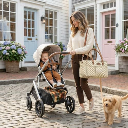 DOKUS & CO Luxe Diaper Caddy Organizer, Extra Large Collapsible Nursery Storage Tote for Baby Essentials & Travel - color: Beige Checkered