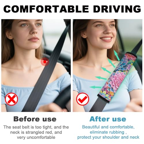 2Pcs Soft Auto Seat Belt Cover Pad Succulents Plant Colorful Car Seatbelt Shoulder Cushion for Comfortable Driving, Compatible with All Cars' Seatbelt and Backpack Straps - color: Succulents