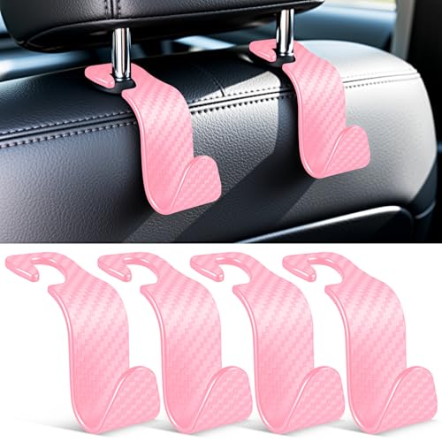 SINGARO Universal 4 Pack Car Seat Headrest Purse Hook, Carbon Fiber Back Seat Hook Storage Organizer Hanger for Purse Handbag Coat, Car Interior Accessories(Pink) - color: Pink, size: 4pc