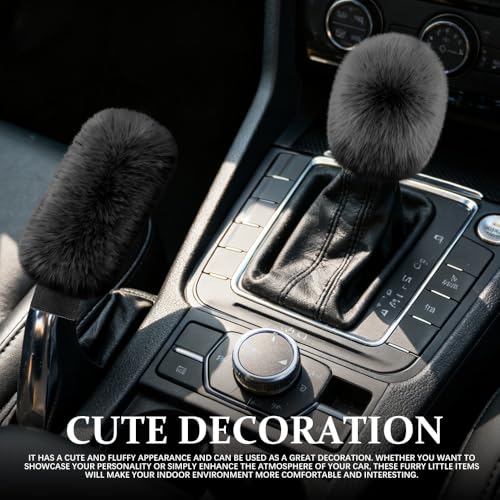 2PCS Plush Car Gear Shift Knob Cover & Handbrake Cover, Shift Knob Protector, Soft Fluffy Gear Handbrake Protective Sleeves, Shifter Lever Brake Handle Warm Plush Set for Cars (Black) - color: Black