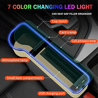 Car Seat Gap Filler Organizer, 2 Pack Multifunctional Car Seat Organizer, 7 Colours Changing LED Car Seat Seam Filler, Auto Console Side Storage Box with Cup Holders (beige) - color: beige