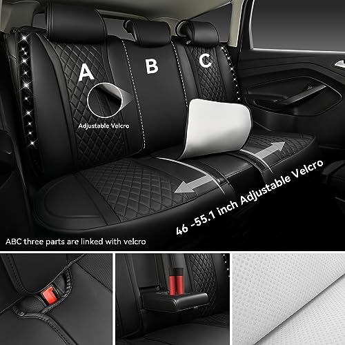 CAR PASS Bling Diamond Back Seat Covers, Nappa Leather Rear Seat Bench Cushion Waterproof Breathable Back Row Protector Universal Fit Car Sedan SUV Pickup Truck Shining Rhinestone Sparkle, Black - color: Black Diamond Rear, size: Back Rear Seats