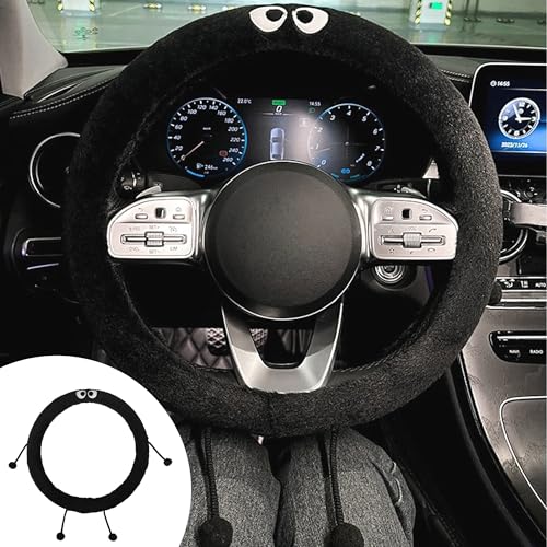 Car Headrest Pillow & Steering Wheel Cover Set with Cute Big-Eyed Furball Travel Neck Support Pillow Fur Car Interior Accessory (Black Ring Cover) - color: Black Ring Cover