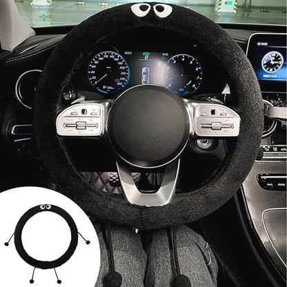 Car Headrest Pillow & Steering Wheel Cover Set with Cute Big-Eyed Furball Travel Neck Support Pillow Fur Car Interior Accessory (Black Ring Cover) - color: Black Ring Cover