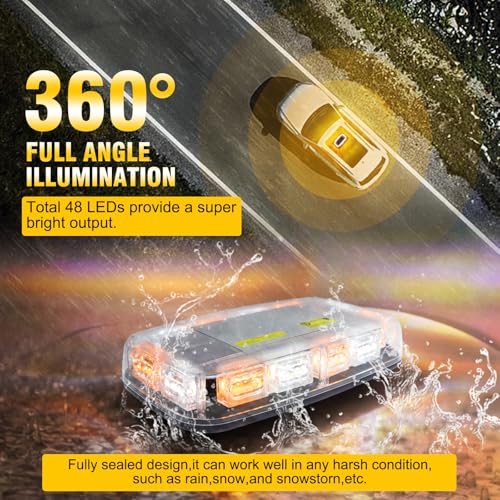 Wireless Rechargeable LED Rooftop Beacon Strobe Lights,48LED 17 Flashing Modes,Hi/Lo Brightness,Amber White Emergency Hazard Warning Light with Home/Car Charger for Trucks Vehicles-1 Pack