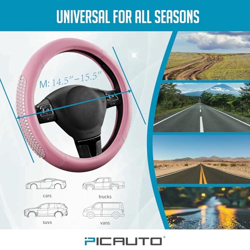 PIC AUTO Steering Wheel Cover, Glitter Gel Particles & Pink Luxury Leather Car Steering Cover, Universal Fit 14.5"-15.5" Anti-Slip Car Wheels Cover for Girls & Women - color: Pink