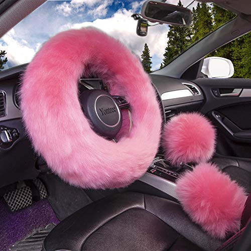 Yontree Fashion Fluffy Steering Wheel Covers for Women/Girls/Ladies/Men Australia Pure Wool Universal 15 Inch 1 Set 3 Pcs (Pink) - color: Pink, size: Long Wool