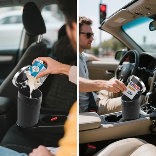 Car Trash Can Bin with Lid - 2 Pack, Leakproof Garbage Can for Vehicle, Mini Trash Bin with 180 Attached Trash Bags, Easy to Clean Cup Holder Trash Can for Car, Home, Office - color: Black&Silver 2