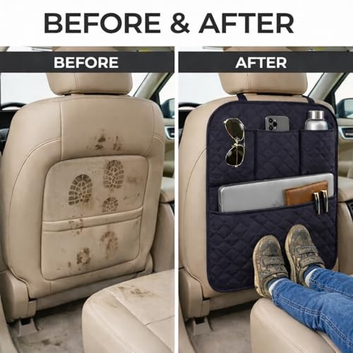 SAVUK 2 Pack Car Back Seat Cover 3 Pocket + 1 XLarge Pocket Organizer Protector from Dirt Scratches Mud Fit All Automotive Model Waterproof Durable Preventing the Impact of Children Kick 17"x25"