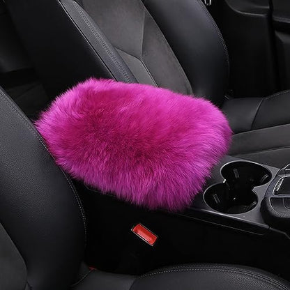 Genuine Sheepskin Center Console Cover Pad Genuine Furry Fluffy Wool Fur Car Armrest Cover Protector Universal Fit for SUV/Truck/Car - color: Long Wool-Purple Pink