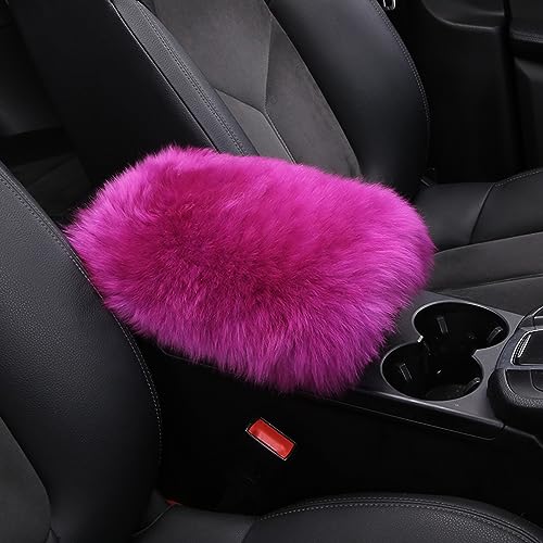 Genuine Sheepskin Center Console Cover Pad Genuine Furry Fluffy Wool Fur Car Armrest Cover Protector Universal Fit for SUV/Truck/Car - color: Long Wool-Purple Pink