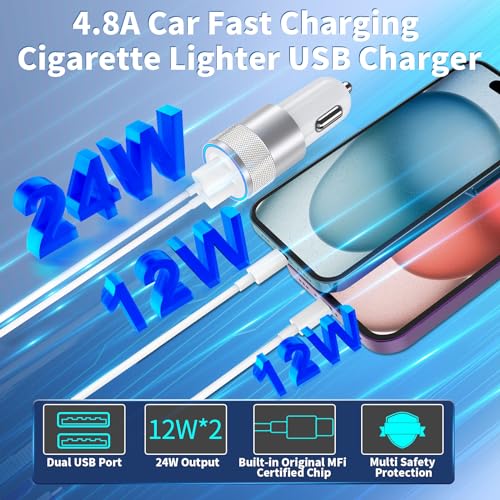 [Apple MFi Certified] iPhone Fast Car Charger, Braveridge 2Pack 4.8A Dual USB Car Power Cigarette Lighter USB Car Carplay Charger Adapter with Lightning Cable for iPhone 14 13 12 11 Pro XS XR X 8 iPad - color: Pearlescent Silver