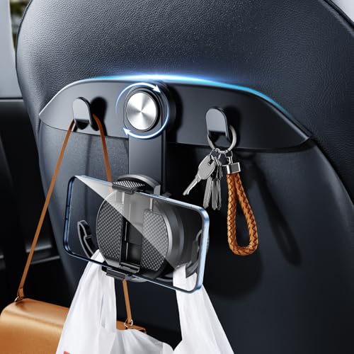 1 Pack Car Seat Hooks & Phone Mount for Tesla Model Y(Juniper) Model 3(Highland) Accessories 2026 2025 2024 2023 2022 2021, Multifunction Clip Phone Holder| Car Seat Back Storage Hook Purse/Bag - color: Metallic Black