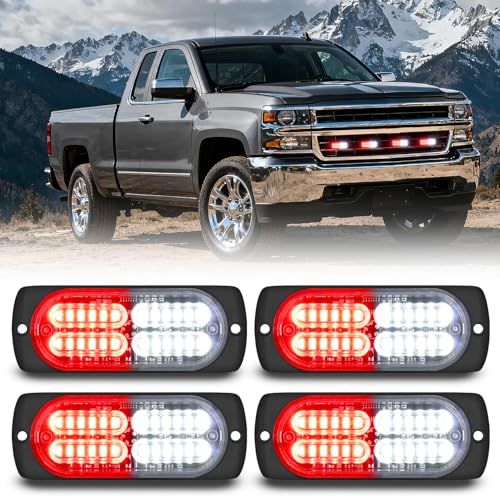 Nilight 4PCS 24LED Emergency Strobe lights 12V 24V Red White Surface Mount Grille Hazard Safety Warning Light Sync Feature Side Flashing Marker Flash for Car Truck Campers - color: Red White