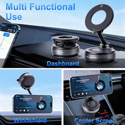 Vacuum Magnetic Suction Car Phone Holder Fold-able and and Hands-Free 360° Adjustable Rotation Phone Mount, Compatible with All Smartphones