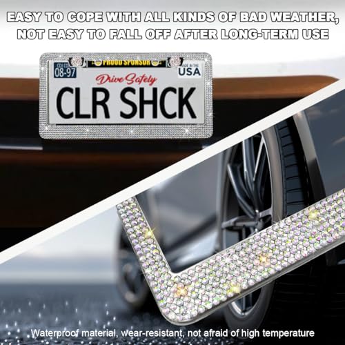 DXNQ 2PCS Bling License Plate Frame, Sparkly Rhinestone Diamond License Plate Cover with Crystal Screws Caps, Glitter Crystal Stainless Steel License Plate Holder for Women (AB) - color: AB, 2PCS