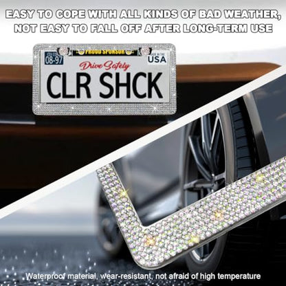 DXNQ 2PCS Bling License Plate Frame, Sparkly Rhinestone Diamond License Plate Cover with Crystal Screws Caps, Glitter Crystal Stainless Steel License Plate Holder for Women (AB) - color: AB, 2PCS