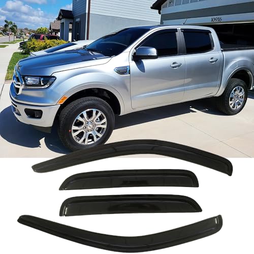 Side Window Visors Wind Vent Deflector for 2019-2025 Ford Ranger SuperCrew cab only (11-16 Ranger T6),4pcs Outside Mount Tape-On Dark Smoke Nice Sun Rain Guards Set 94387 - size: 2019-2025 Ford Ranger SuperCrew Cab(Dark Smoke)