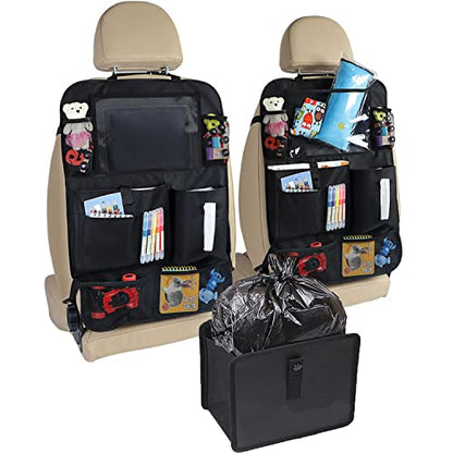 2 Pcs Large Size Car Backseat Organizer with 1 Pcs Trash Garbage Bag, Clear Screen Tablet Holder and 9 Storage Pockets,Foldable Seat Back Protectors for Toys Drinks Book ,Travel Accessories (Black)
