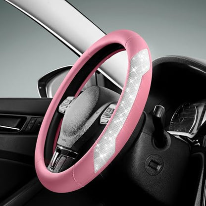 PIC AUTO Steering Wheel Cover, Sparkly Crystal Bling Glitter with Pink Leather, Universal Fit 14.5"-15.5" Car Steering Wheels for Girls & Women, Breathable Anti-Slip Steering Wheels Cover - color: Pink