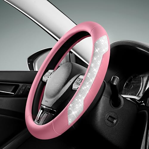 PIC AUTO Steering Wheel Cover, Sparkly Crystal Bling Glitter with Pink Leather, Universal Fit 14.5"-15.5" Car Steering Wheels for Girls & Women, Breathable Anti-Slip Steering Wheels Cover - color: Pink