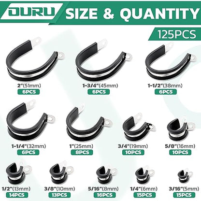 OURU 125PCS Cable Clamp,12 Sizes Stainless Steel Rubber Coated Cushioned Insulated Cable Clamps Assortment Kit-Metal Wire Clamps,Cable Clips,Pipe Clamps - size: 125 PCS - 12 Sizes