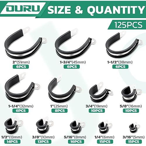 OURU 125PCS Cable Clamp,12 Sizes Stainless Steel Rubber Coated Cushioned Insulated Cable Clamps Assortment Kit-Metal Wire Clamps,Cable Clips,Pipe Clamps - size: 125 PCS - 12 Sizes