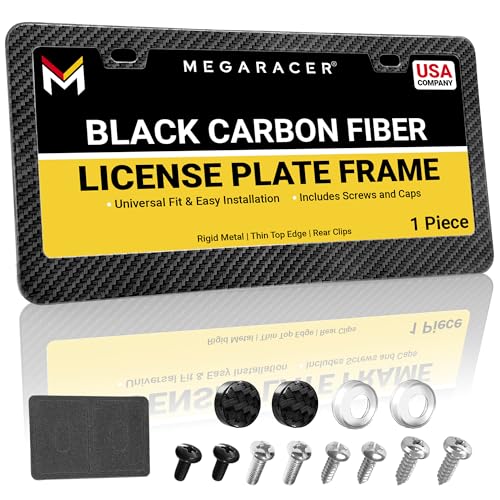 Premium Carbon Fiber Design License Plate Frame – 1 Piece, Rust-Free Stainless Steel, Rattle-Free, Universal with Screw Caps, Slim-Top, Thin Rigid Metal Car Tag Holder, Front Or Rear - Cool for Men - color: Carbon Fiber Design, size: 1 Piece