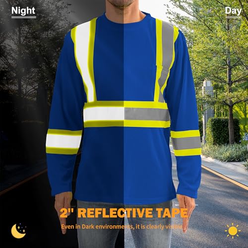 High Visibility Class 3 Shirts，Hi Vis Safety Long Sleeve Quick Dry Mesh Construction Work - color: Blue, size: Small