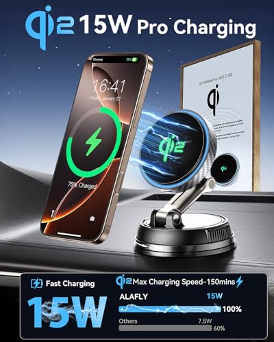 Q2 15W for Magsafe Car Mount Charger, [78+LBS Stronger Vacuum Suction] 360° Adjustable & Fast Charging Magnetic Phone Holder for Vent/Dashboard/Windshield/All Car Surface
