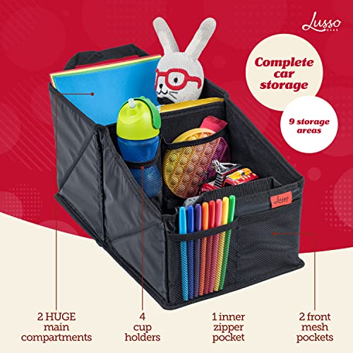 Lusso Gear Car Seat Organizer - Built-In Car Cup Holders & Mesh Pockets - Foldable Back Seat Organizer with Handles - Kids Road Trip Essentials - 9 Compartments, Black Oxford - color: Black