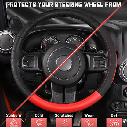 SEG Direct Car Steering Wheel Cover for F-150 Tundra Range Rover 15.5-16 inch, Black and Red Microfiber Leather - color: Black and Red, size: Large size[15 1/2''-16'']