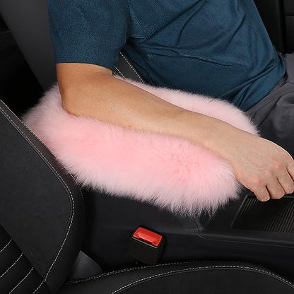 Genuine Sheepskin Center Console Cover Pad Genuine Furry Fluffy Wool Fur Car Armrest Cover Protector Universal Fit for SUV/Truck/Car - color: Long Wool-Pink