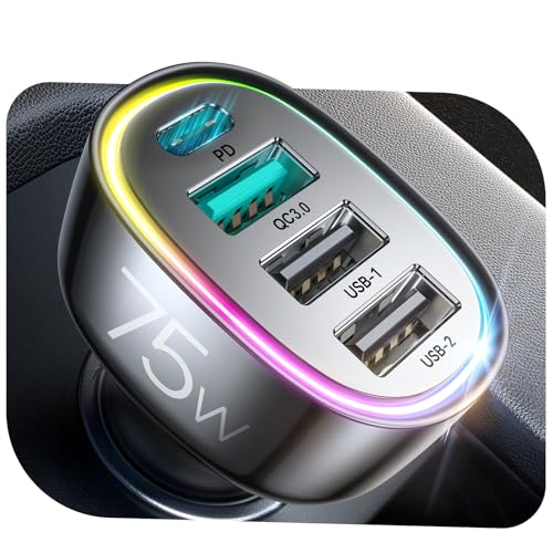 75W Car Charger USB C, 4 Port Super Fast Cigarette Lighter USB Charger, Type C 60W & QC 3.0 Multiport Car Phone Adapter Accessories for iPhone 17/16/15/14/13/12 Pro Samsung S26 Series - color: Black