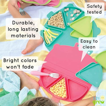 Silicone On-The-Go Snack Mat – Foldable Reusable Placemat with 3 Compartments and Lids – Travel-Friendly Baby and Toddler Snack Plate – Dishwasher Safe (Pebble) - color: Pebble
