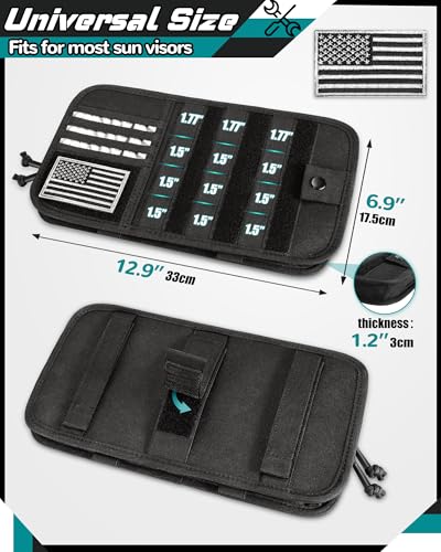 Molle Car Sun Visor Organizer, Heavy Duty Tactical Car Sun Visor Organizer with Large Zipper Pocket & Sunglasses Holder, Semi-Rigid Molle Visor Storage Pouch,Fit Most Cars, Trucks, and SUVs