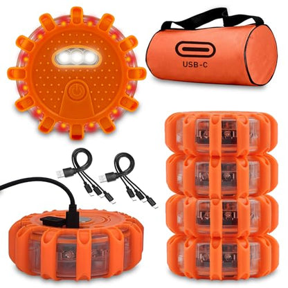 Ecoangel USB-C Rechargeable LED Road Flares Emergency Lights-Large Capacity (Lithium Battery) 3 in 1 Cable Roadside Warning Car Safety Beacon Flashing Disc Kit with Magnetic Base for Vehicles - color: USB-C 6PACK