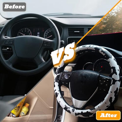 Universal Steering Wheel Cover Women 14.5-15 inch car Accessories Cow Print Western Leather Anime Black and White Cute Wheel Cover Anti-Slip Car Protecter for Men - color: Cow Print
