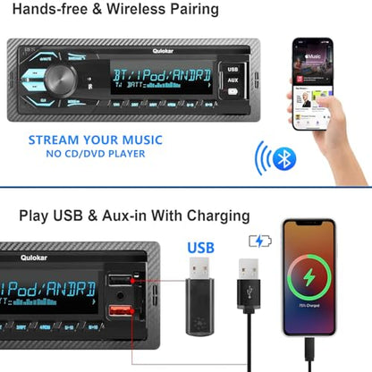 Single DIN Multimedia Car Stereo Radio,7 Character LCD,Bluetooth with Hands Free Calling & Music Streaming,USB Playback & AUX Input,AM/FM Radio Receiver Wireless Remote Control
