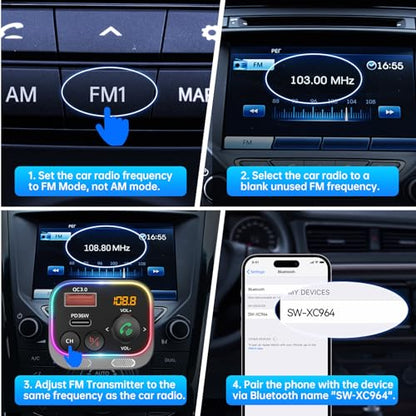 Syncwire Bluetooth 5.4 FM Transmitter Car Adapter 54W (PD 36W & 18W) [Stronger Dual Mics] [Light Switch] [HiFi Bass Sound] [Fast Charging] Wireless Radio Receiver Hands-Free Calling LED Display - color: Silver