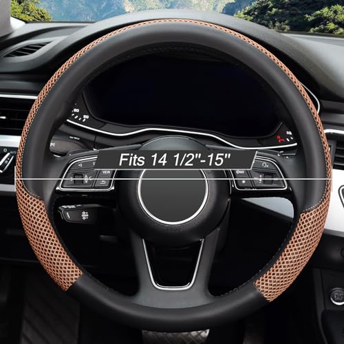 KAFEEK Steering Wheel Cover, Universal 15 inch, Microfiber Leather Viscose, Breathable, Anti-Slip,Warm in Winter and Cool in Summer, Black&Brown - color: brown, size: Standard Size[14.5"-15"]