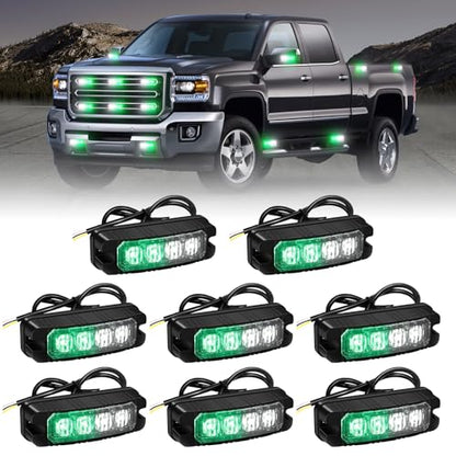 XRIDONSEN 8PCS Sync Grill Emergency Lights 32 LED Green White Firefighter Lights Grille Surface Mount Strobe Flashing Warning Safety Hazard First Responder Light for Vehicles POV Fire Fighter Trucks - color: Green/White